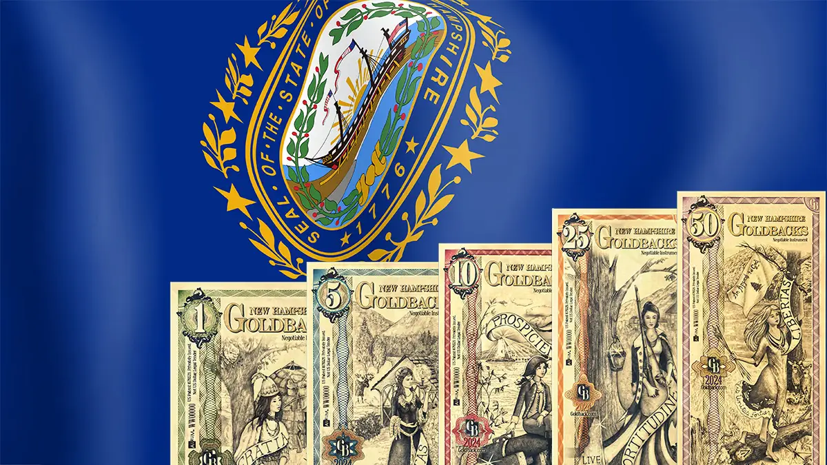 The five New Hampshire Goldback notes arranged beside the New Hampshire state seal